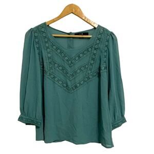 Forever 21 Green Chiffon Lace Trim Long Sleeve Blouse